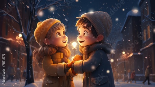 Cartoon illustration of two little brothers and sisters playing outdoors in the winter at night.