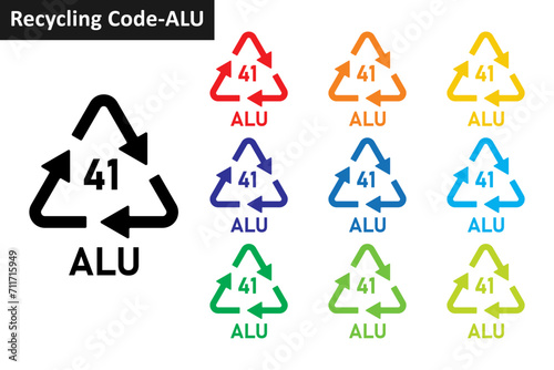 Aluminium metal recycling code icon set. Metal recycling symbols 41 ALU. Metal recycling code 41 icon collection in ten different colors. Set of meta recycling code symbol icon 41 ALU.