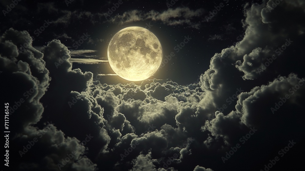 Amazing scenery of white glowing moon with craters in black sky with clouds at night - obrazy, fototapety, plakaty 