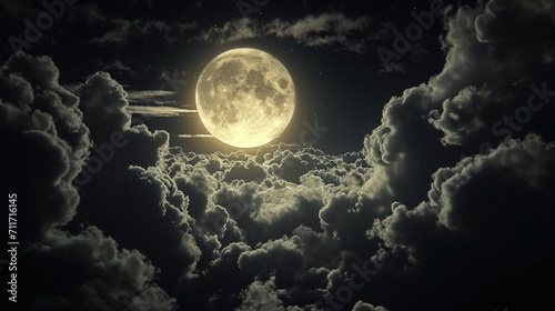 Amazing scenery of white glowing moon with craters in black sky with clouds at night photo