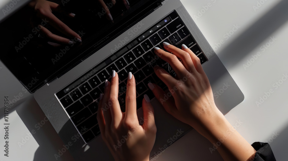 Close-up of a person's hands typing on the keyboard of a modern laptop Close-up of a person's hands typing on the keyboard of a modern laptop