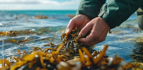 Human hands gathering seaweed in the sea. The concept of sustainable resource harvesting and marine life. photo