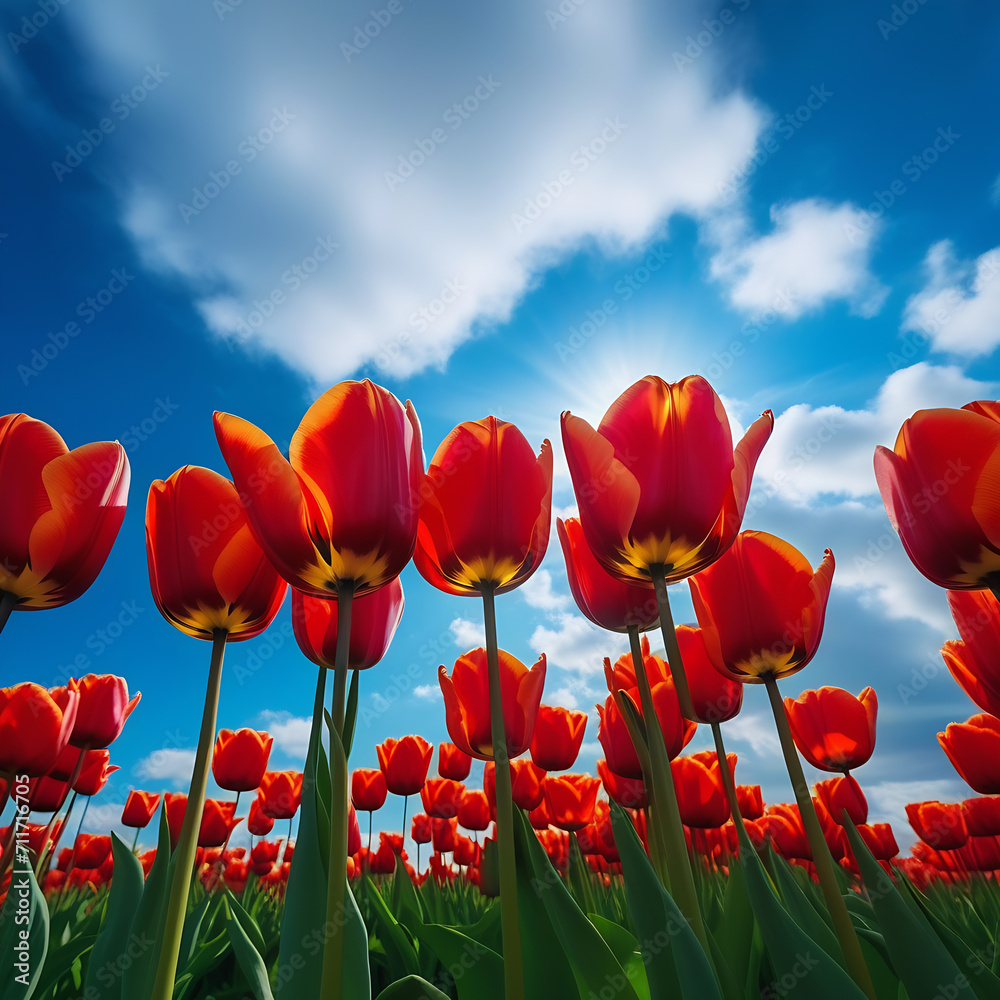 Fototapeta premium Field with red tulips, bottom view, blue sky 