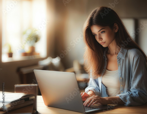 Young Woman Working on Laptop in Sunlit Room