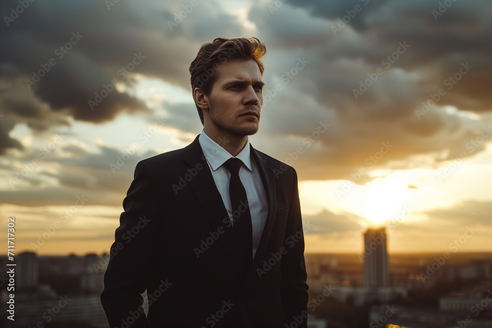 A portrait man with black suit behind looking for town and sky clouds on building top views A portrait man with black suit behind looking for town and sky clouds on building top views