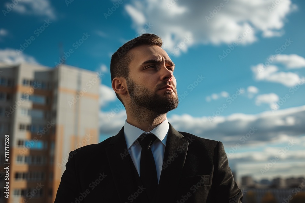 A portrait man with black suit behind looking for town and sky clouds on building top views A portrait man with black suit behind looking for town and sky clouds on building top views