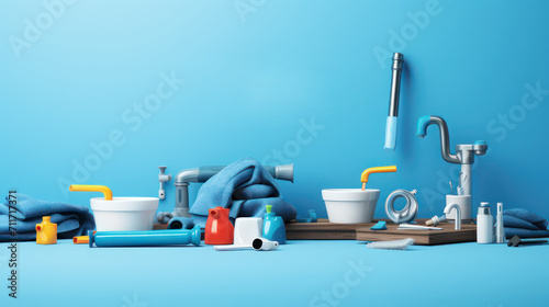 Illustration of cleaning service tools and household sanitation plumbing
