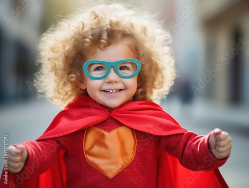 young child wearing a red superhero costume with a red cape and mask