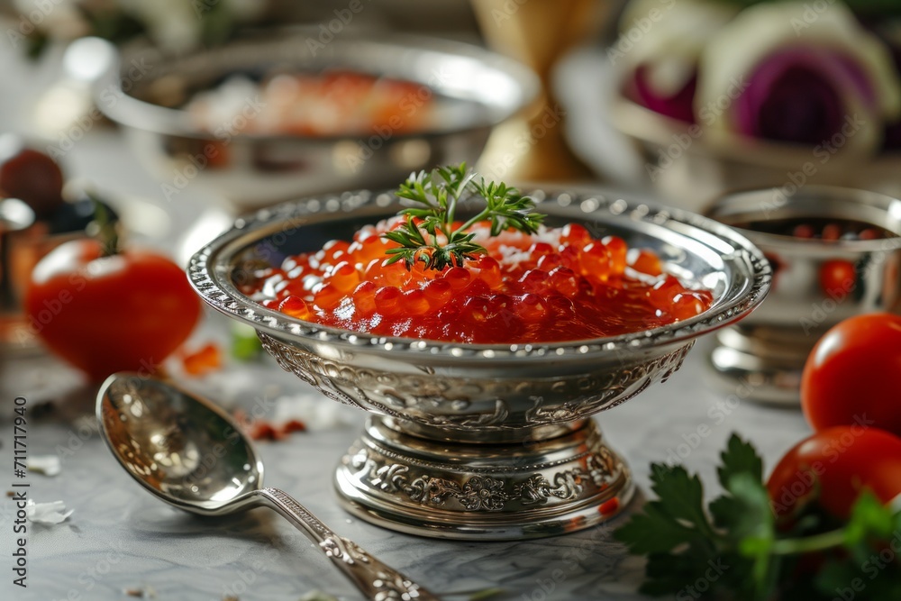 Red caviar in a silver bowl, festive setting Red caviar in a silver bowl, festive setting