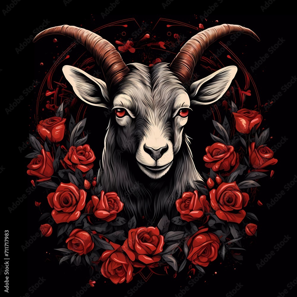 illustration of a goat with red roses on a black background. generative ai