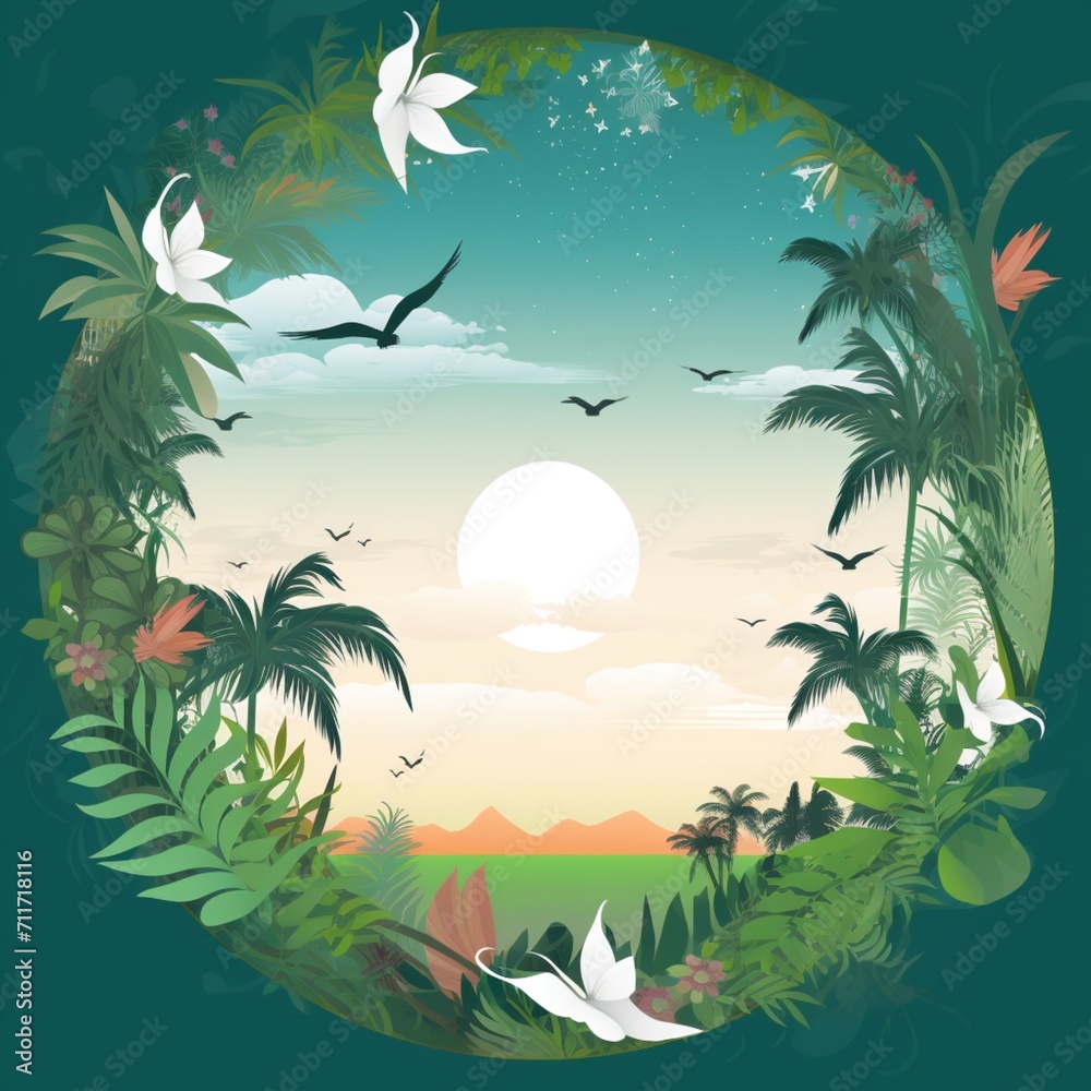 Obraz premium Beautiful tropical green leaves and flower circle border on background