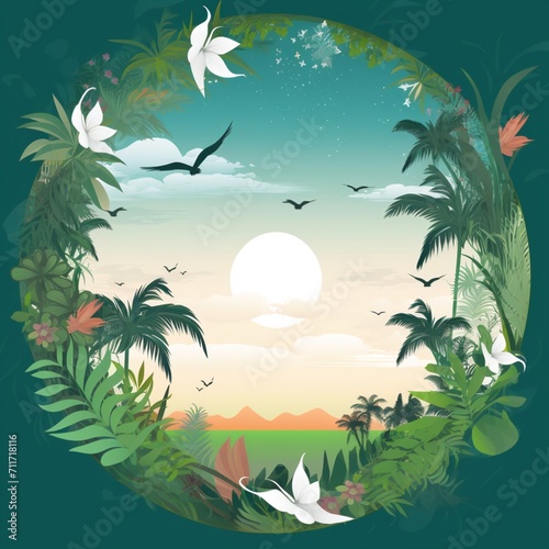 Beautiful tropical green leaves and flower circle border on background