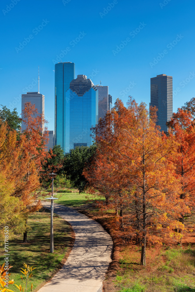 Park alley in Houston downtown at sunny autumn day in Houston, Texas, USA