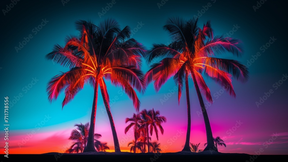 Beautiful tropical plant neon light coconut tree nature wallpaper