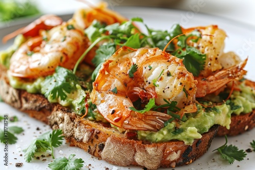 Bruschetta with guacamole and fried langoustine on a white plate, served with cherry tomatoes, lemon and greenery, close up