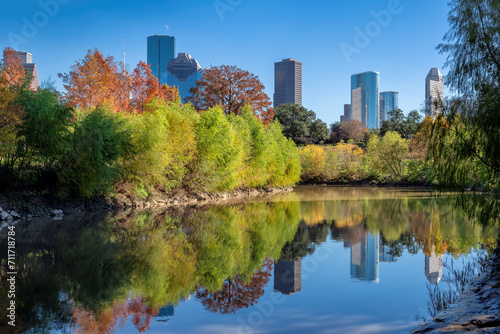 Houston skyline at sunny autumn day in Buffalo Bayou Park, Houston, Texas, USA photo
