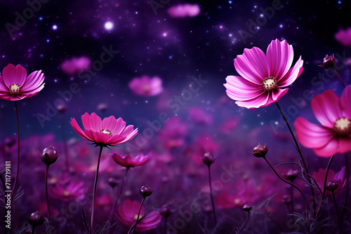 Beautiful flowers field at night under starry sky night