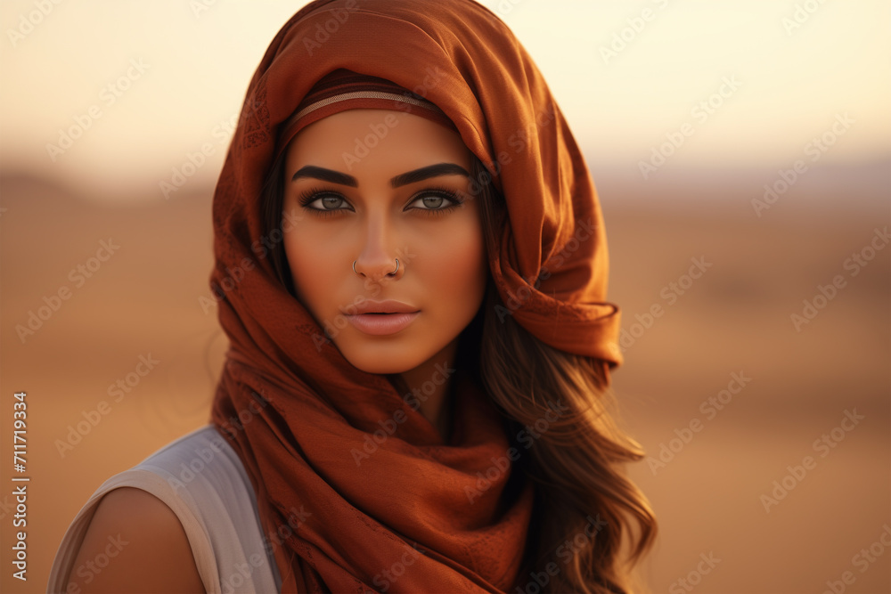 Beautiful arabic woman wearing veil in sandy desert Beautiful arabic woman wearing veil in sandy desert