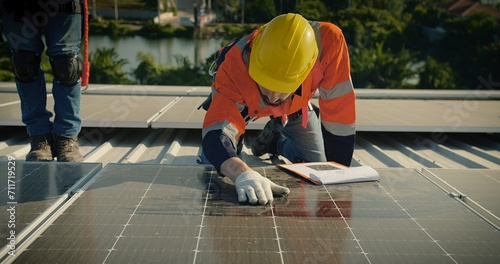 Wallpaper Mural engineer man contractor worker architect construction manager in uniform and hardhat work to maintenance checking an operation and efficiency performance of photovoltaic solar panels on roof Torontodigital.ca