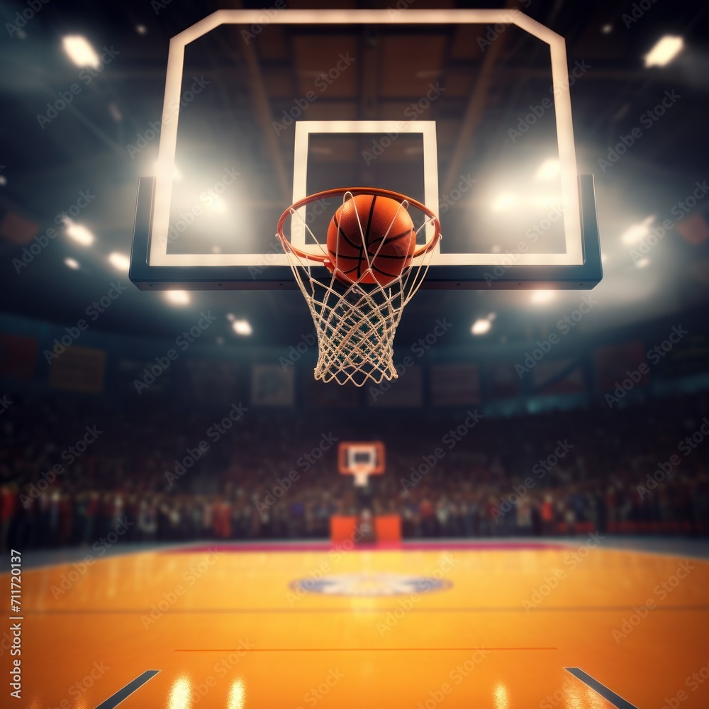 A basketball is thrown into a hoop on a basketball court