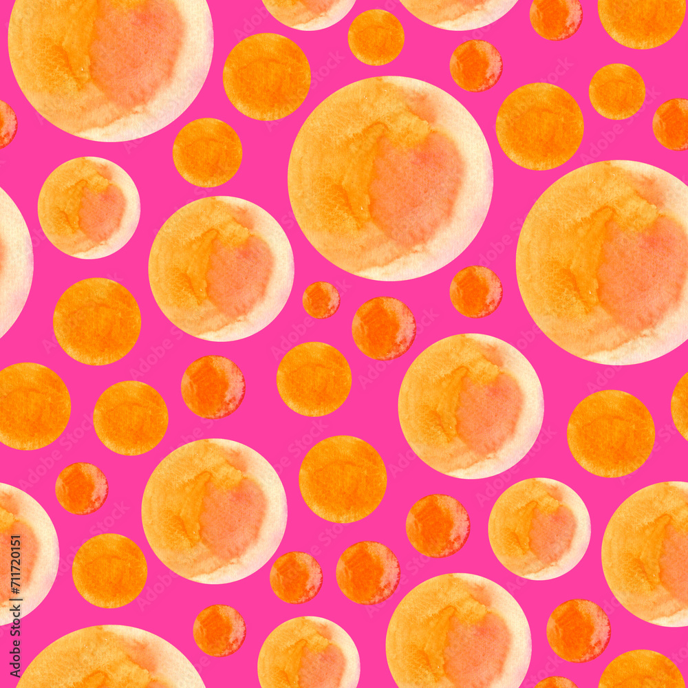 Seamless pattern of watercolor Peach circles, dots. Hand drawn illustration. Hand painted elements on pink background. Abstract art. For prints, wrapping paper, fabric design, packaging, wallpaper. Seamless pattern of watercolor Peach circles, dots. Hand drawn illustration. Hand painted elements on pink background. Abstract art. For prints, wrapping paper, fabric design, packaging, wallpaper.