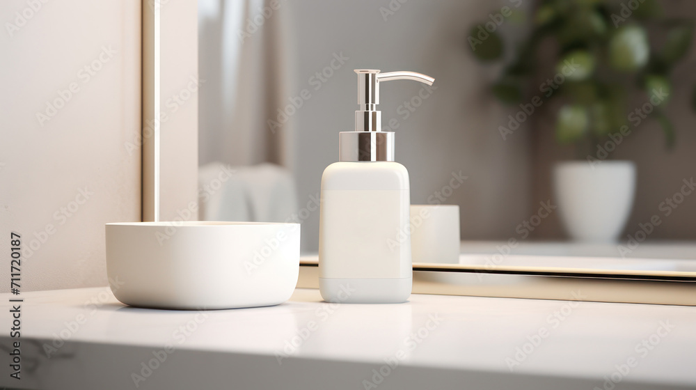 Soap bottle on modern clean bathroom hand washing sink. With interior potted plant decoration Soap bottle on modern clean bathroom hand washing sink. With interior potted plant decoration