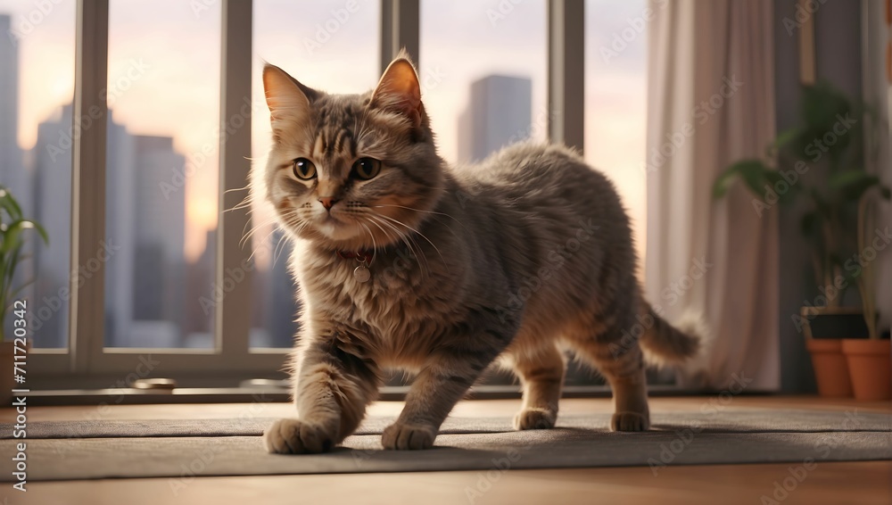 A cute cat, matte gray and copper brown colors, dancing around in a Highrise apartment, vintage 90s anime style, realistic, 4k resolution, hyper detailed. generative AI