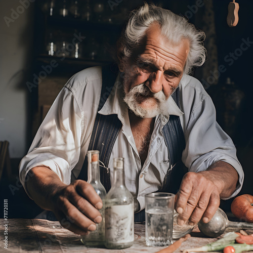 Expresive old Romanian man from countryside, preparing spirits beverages in old antique bottles. He looks wise, has white hair and white beard and moustache.  photo