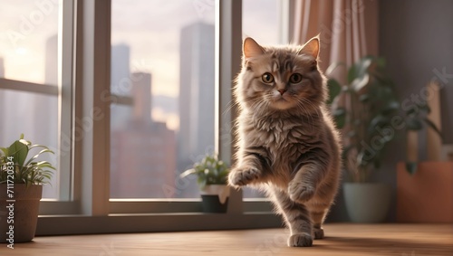 A cute cat, matte gray and copper brown colors, dancing around in a Highrise apartment, vintage 90s anime style, realistic, 4k resolution, hyper detailed. generative AI