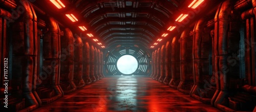 Futuristic tunnel with grunge metal walls red light