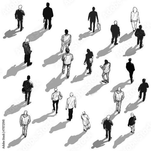 axonometric people, black and white, sketch outline, transparent background, silhouettes