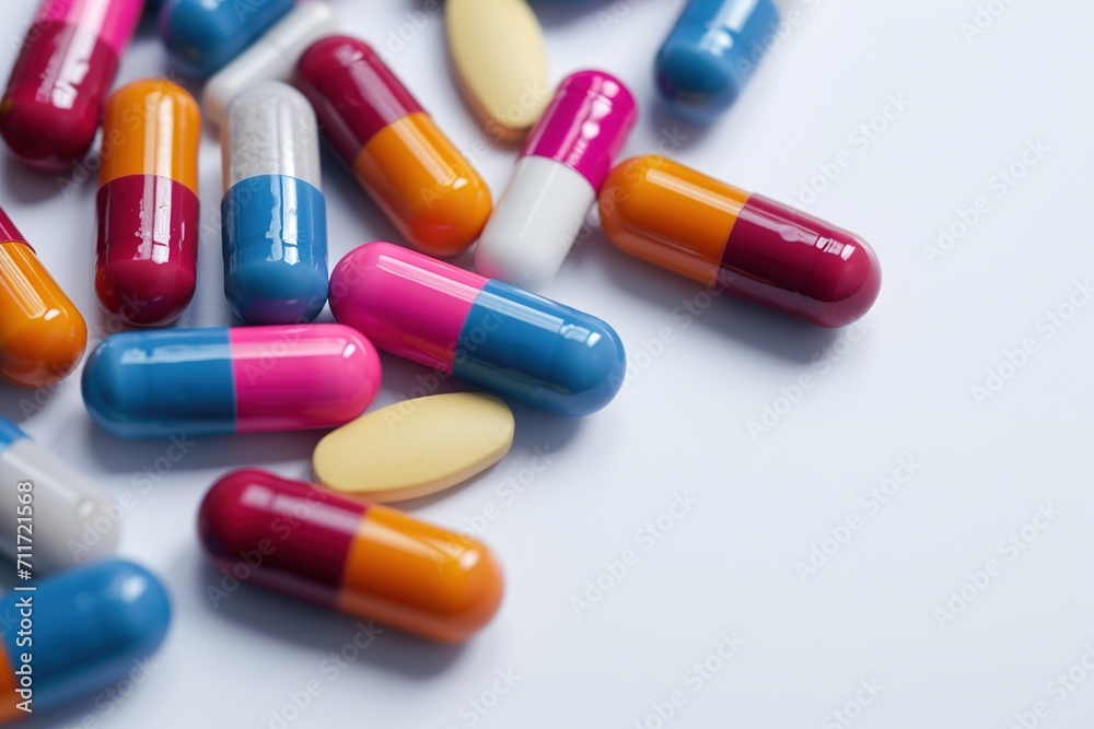 High angle view of various colored pill capsules on a white background. Medicine, medical, medical concept. High angle view of various colored pill capsules on a white background. Medicine, medical, medical concept.