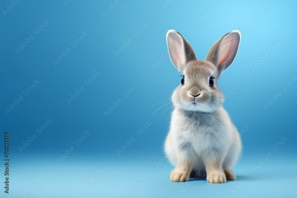Gray rabbit on a blue background, free space on the left
