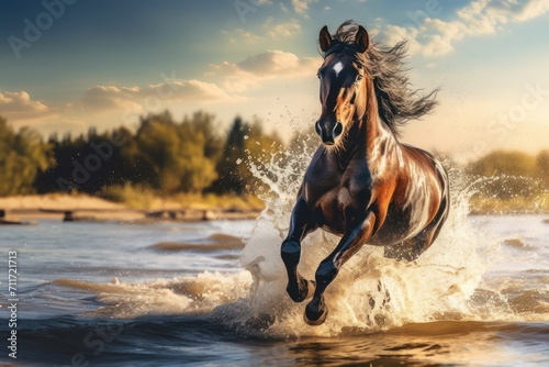 HD resolution photo of stallion running in water, race horse training in river view.