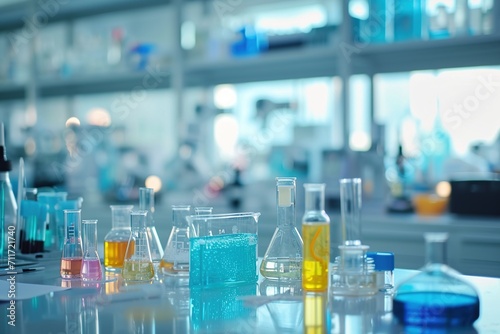 Image of test tubes set in science room, concept, laboratory, chemicals