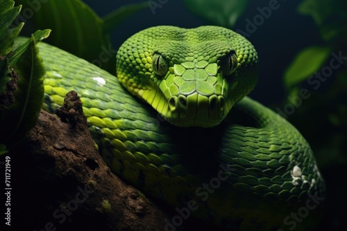 A green venomous snake on a tree photo