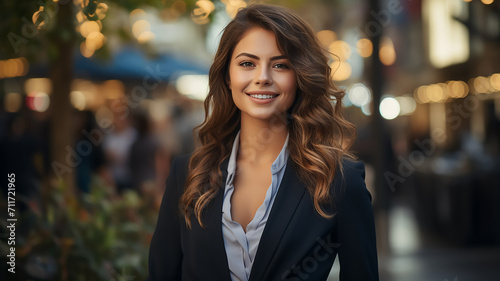 Porträt einer lächelnden professionellen Geschäftsfrau auf verschwommenem Hintergrund eines Bürogebäudes