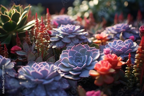 Close-up photo of a vibrant succulent Echeveria plants garden