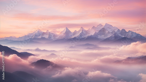 Landscape illustration of a beautiful mountain surrounded by foggy clouds, Golden Hour, Mount Everest © Jack Stock