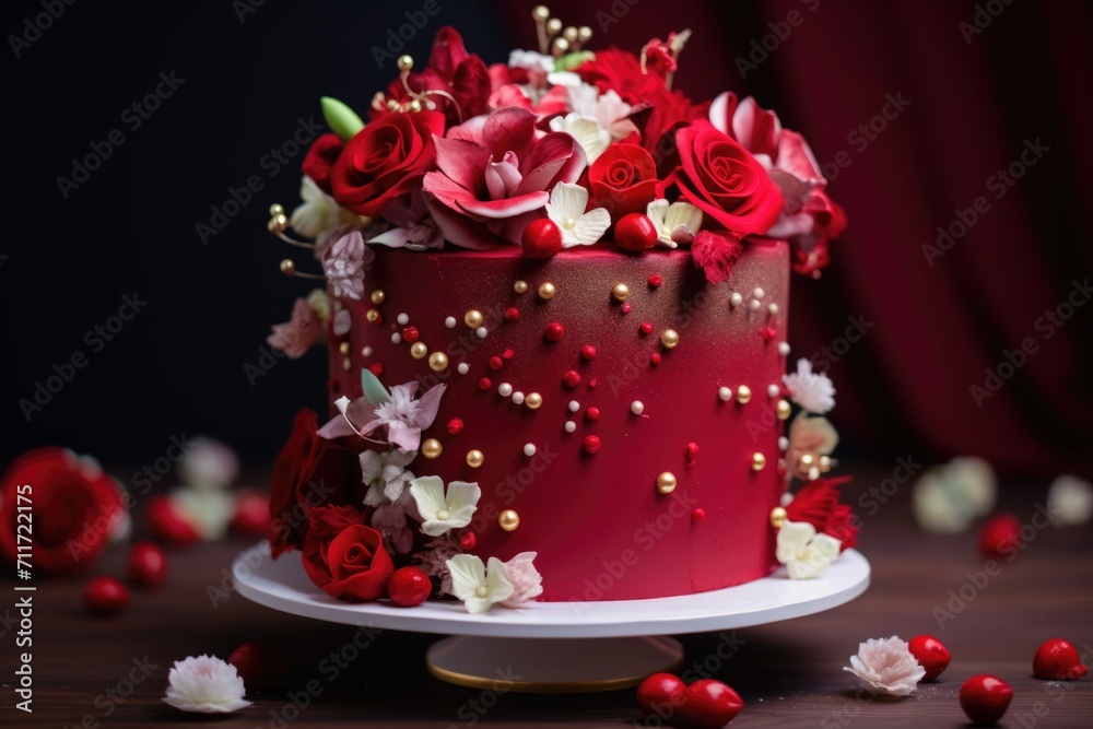 Beautiful red cake decorated with flowers Beautiful red cake decorated with flowers