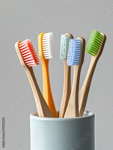 Wooden toothbrushes in a glass on a gray background.