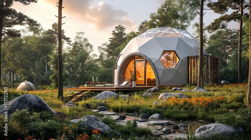 A geodesic dome house, nestled in a meadow, with triangular facets capturing sunlight in a kaleidoscope of colors, a unique architectural spectacle. photo