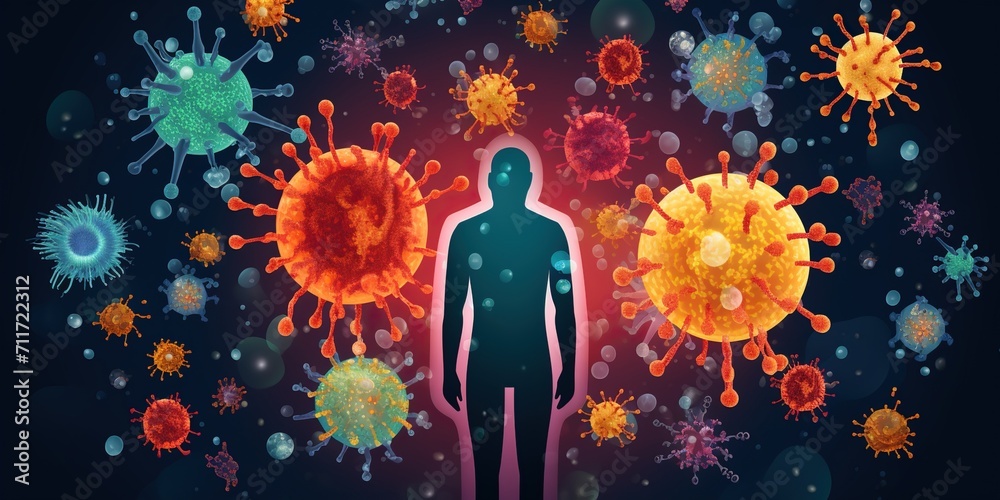 Graphic depiction of the human immune system featuring vibrant cells, antibodies, and pathogens , concept of Health and disease - obrazy, fototapety, plakaty 