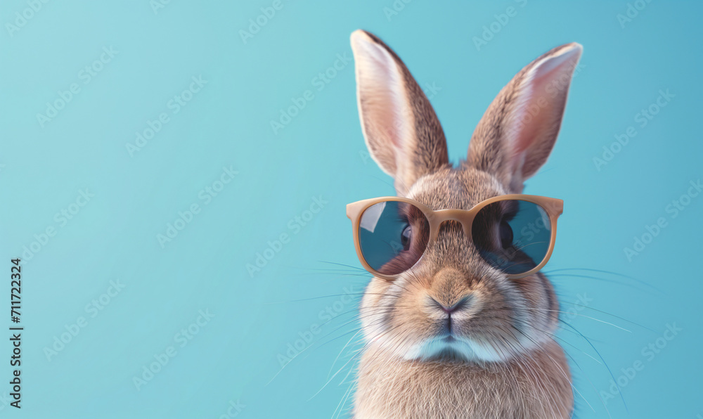 Fluffy rabbit in sunglasses on a blue background with space for text.