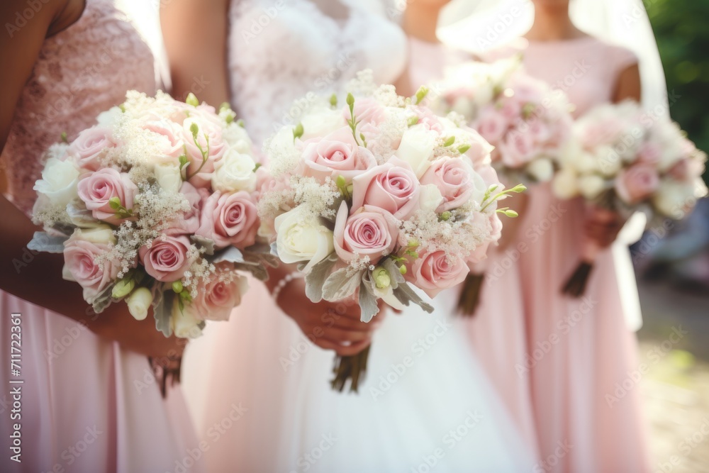 Wedding flowers, bride and bridesmaids holding their bouquets at wedding day