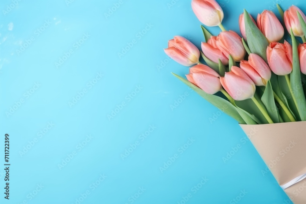 Bouquet of tulips on a blue background - obrazy, fototapety, plakaty 