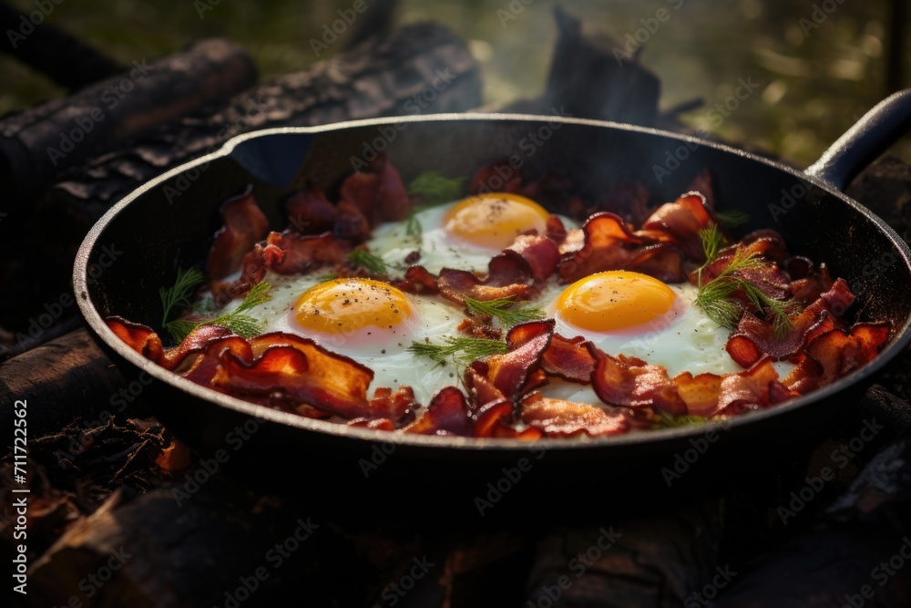 Breakfast with bacon and eggs in a cast-iron frying pan