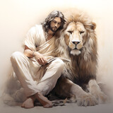 Daniel in the lions' den illustration from the bible. Old testament prophet Daniel sitting next to the lion