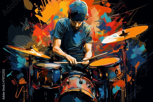 Abstract and colorful illustration of a man playing drums on a black background