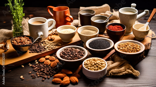 Immerse yourself in a tempting tableau of diverse coffee cups surrounded by an array of nuts and spices. A rich sensory experience captured in one image.